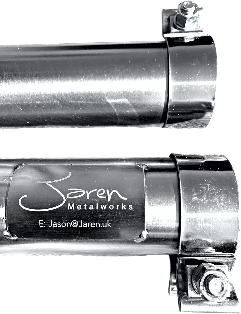 Stainless pipe engraved with the Jaren Metalworks logo